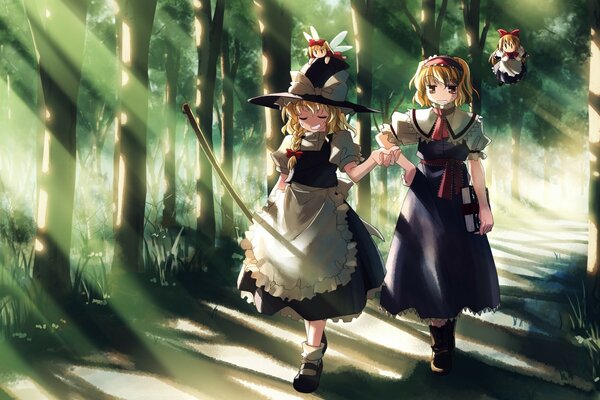 Anime-Mädchen gehen durch den Wald. Hexe, Feen. Sonnenstrahlen unter den Bäumen