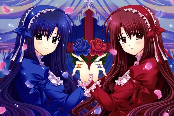 Two twin girls with roses in their hands