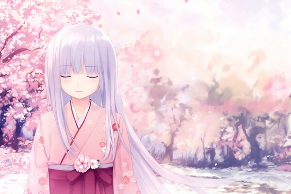 The girl was thinking in the sakura garden