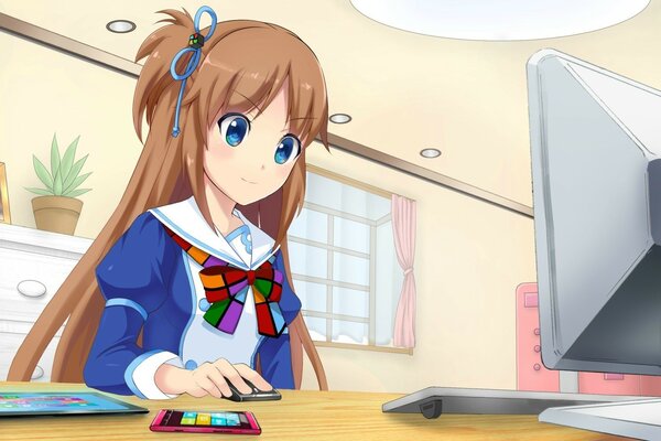 Anime girl looks at the computer