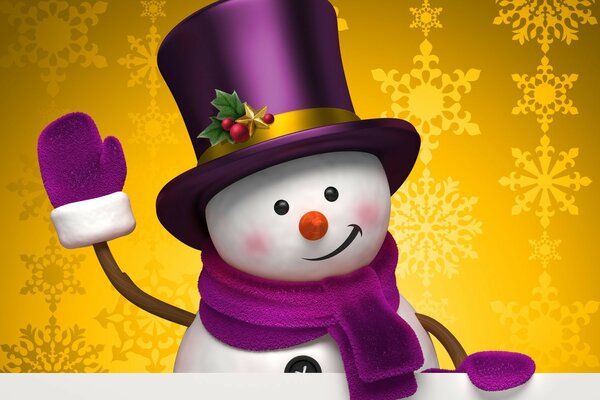 New Year. The snowman is smiling in a hat and scarf. The snowman waves his mittened hand