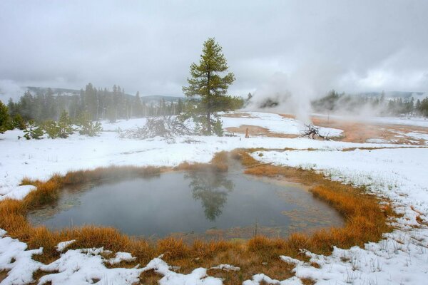 See mitten im Winter im Nebel