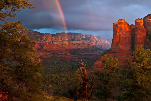 Regenbogen am Himmel über einer schönen Schlucht