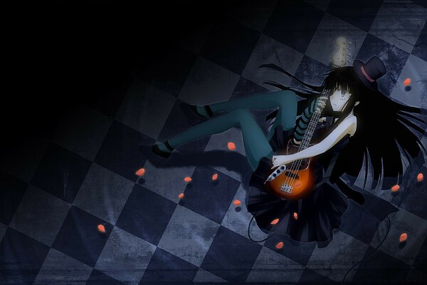 Anime fille sur le sol avec une guitare