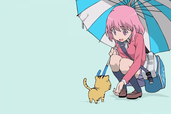 Anime girl with umbrella and kitten