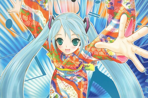 Happy Miku Hatsune in a Japanese dress