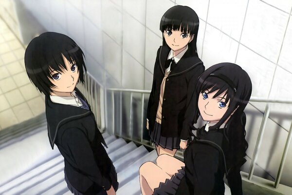 Three anime schoolgirls on the stairs