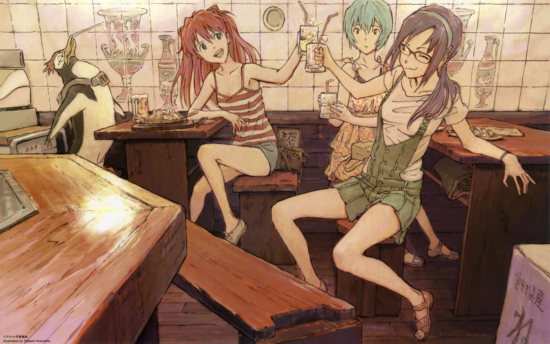 anime illustration malerei kunst erwachsener möbel frau drinnen platz zimmer holz gruppe