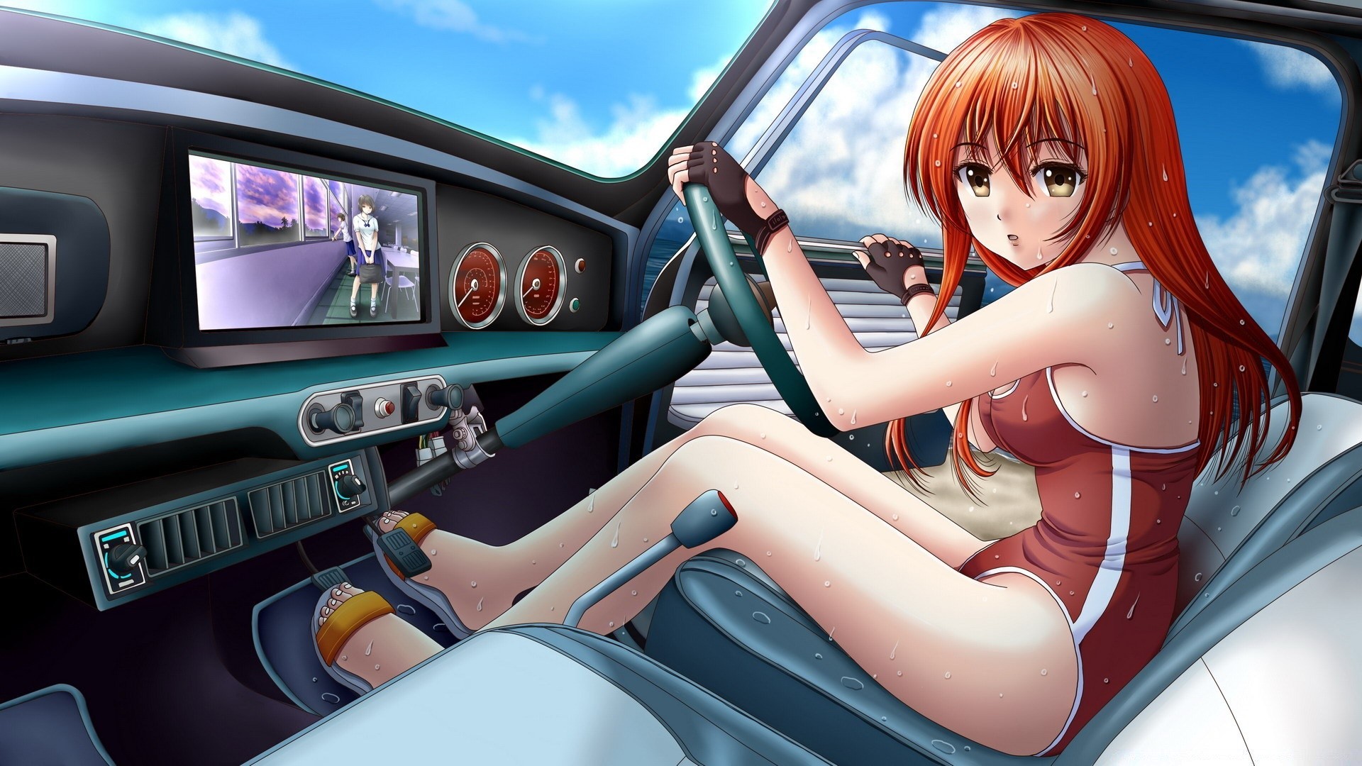 anime coche sistema de transporte coche mujer viajes conductor al aire libre verano chica guía placer vacaciones