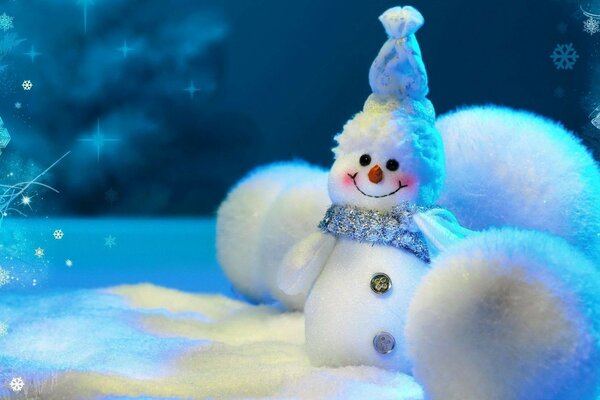 Cute snowman on fluffy snow