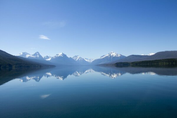 Snow-covered cold peaks reflected in the water mirror