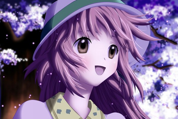 Anime girl in a hat on a background of flowering trees