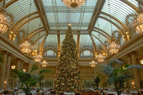 High Christmas tree in the lobby of the hotel