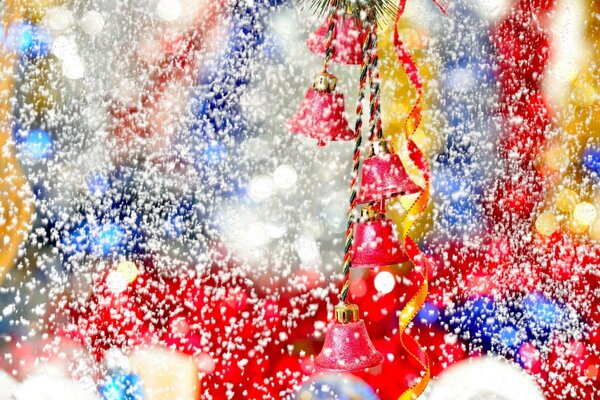 Shiny Christmas decorations in the snow