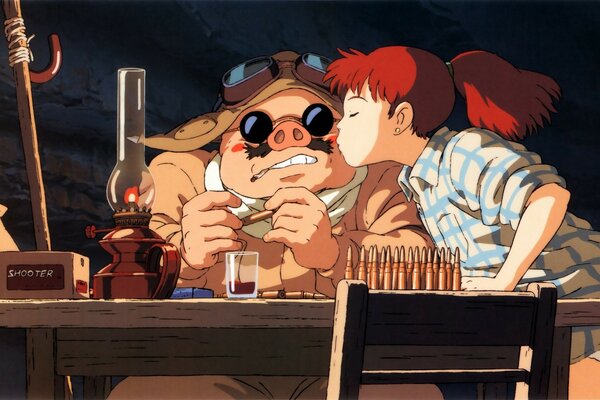 A girl kisses a pig at the table