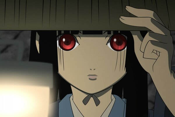 Anime girl s face with red eyes