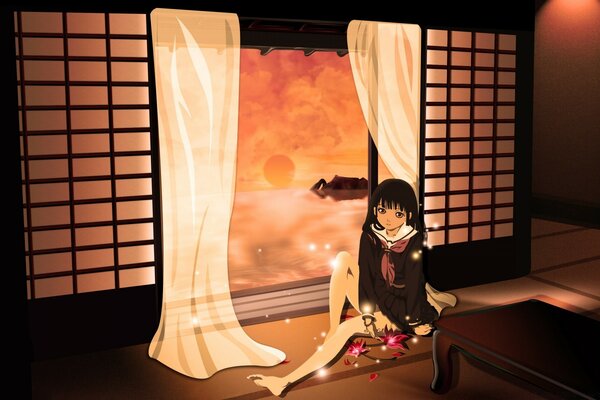 Дівчина аніме біля вікна з тюлем