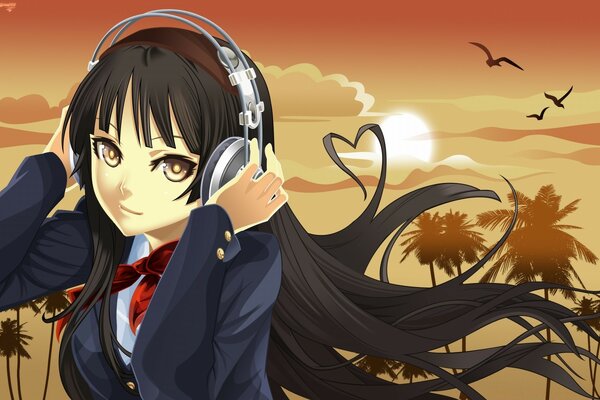 A girl with headphones on a background of palm trees