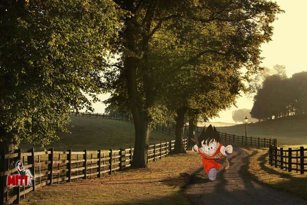 Anime character runs along the road with fences