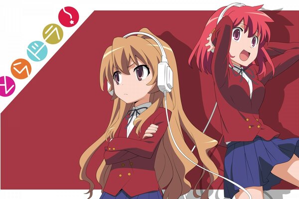 Chicas de anime en auriculares sobre fondo rojo