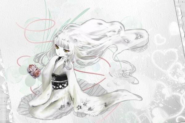 A girl in a white kimono with long white hair anime