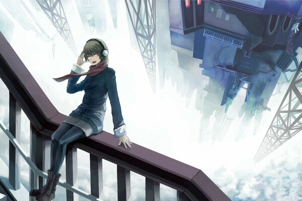 Anime girl with headphones sitting on the railing against the background of technological progress