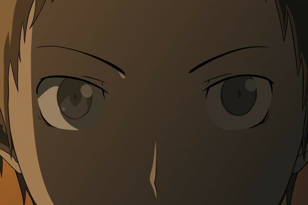 The face of a blond guy with yellow eyes in the anime style close-up