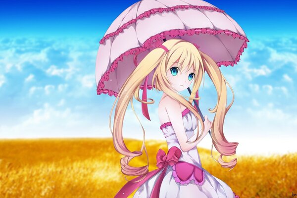 Anime, blue sky pink umbrella