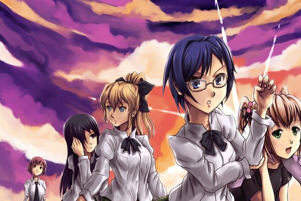 Anime Meninas No fundo do céu roxo