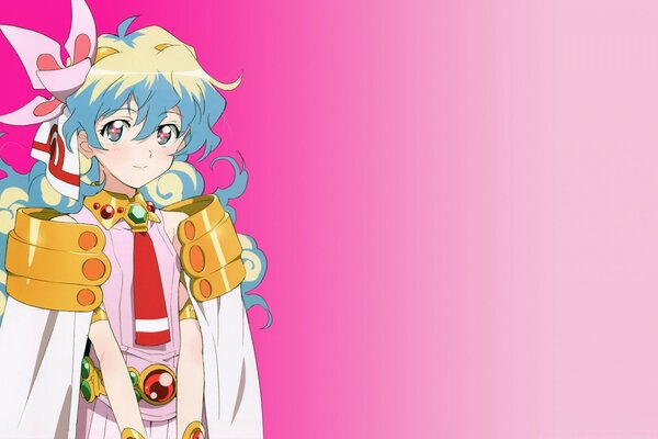 An anime heroine with blue hair in a luxuriously decorated robe