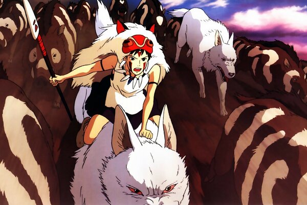 Anime. A girl riding a wolf