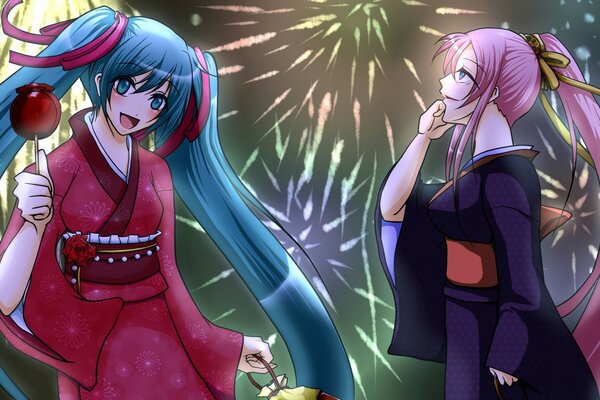 Duas mulheres Anime assistindo fogo de artifício