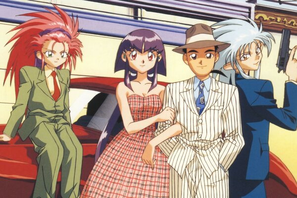 Four anime characters on the background of a car