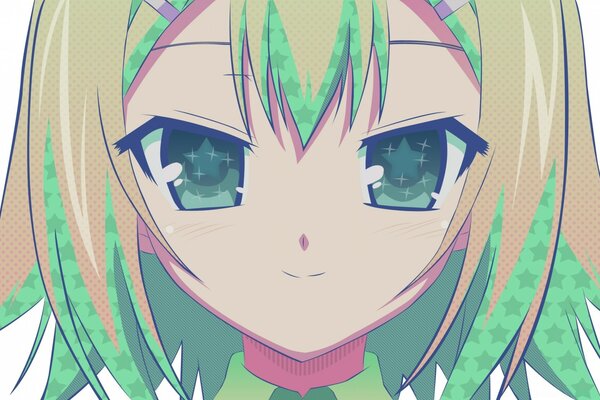 Аніме дівчина зі світлим і зеленим волоссям і зеленими очима посміхається