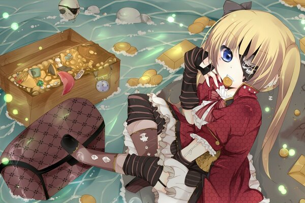 Anime blonde pirate next to the treasure chest