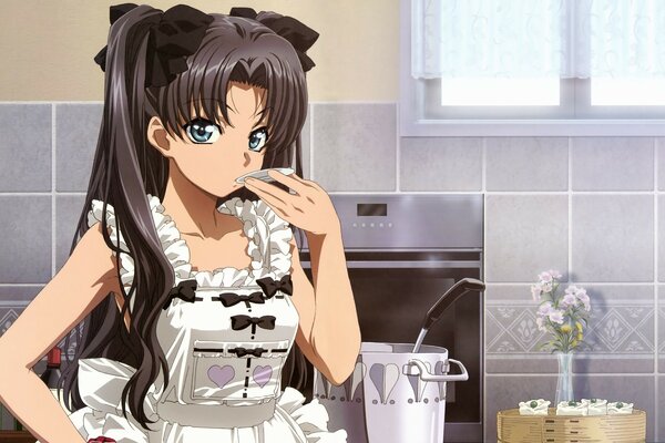 Anime girl in an apron in the kitchen