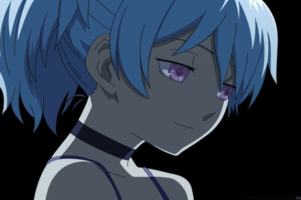 Anime heroine with blue hair on a black background