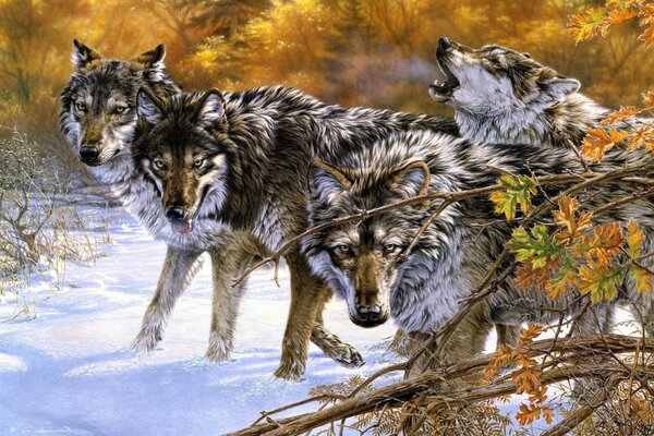 Cuatro lobos en un bosque de invierno con árboles