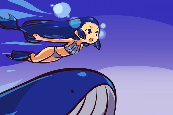 Chica japonesa volando sobre una ballena