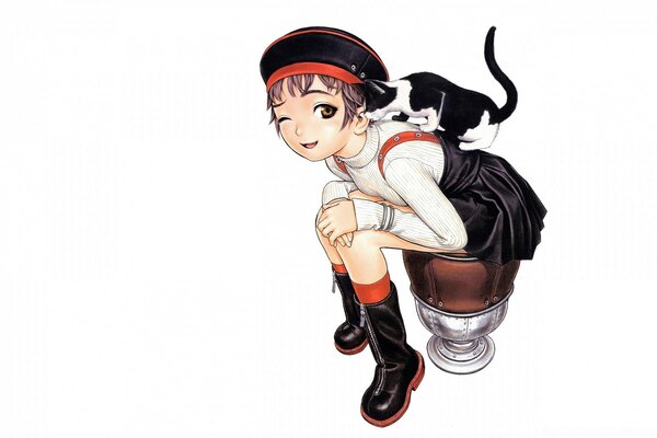 A girl with a kitten on her back. Anime
