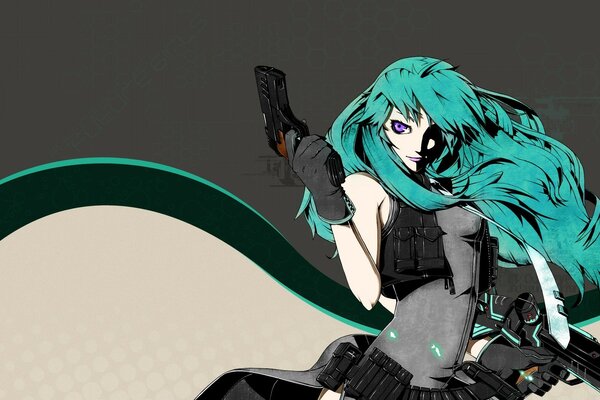 Anime drawing. A woman with green hair and a gun in her hand