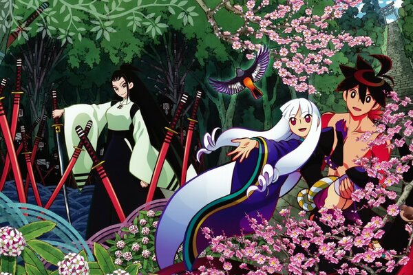 Beautiful anime in nature among flowers