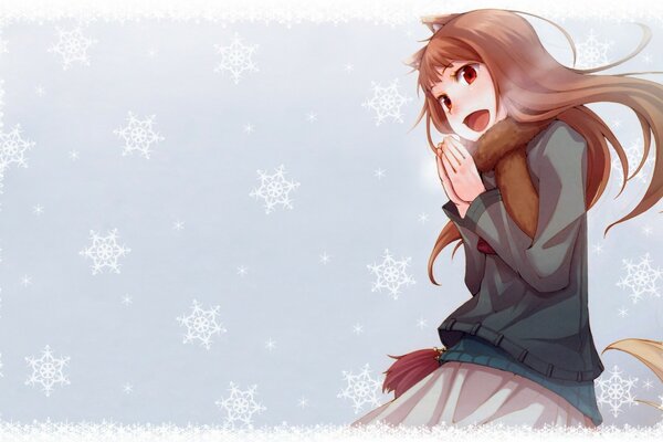 Brown-haired anime girl on the background of snowflakes