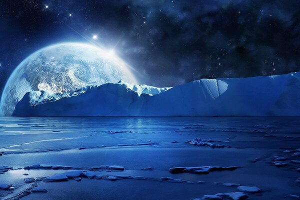 夜月、雪和星星的景观