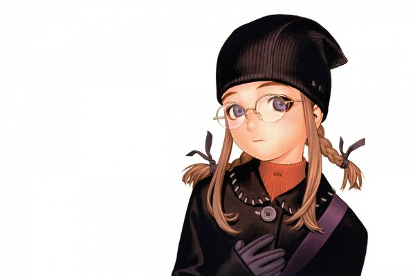 Stylish anime girl in round glasses and black hat