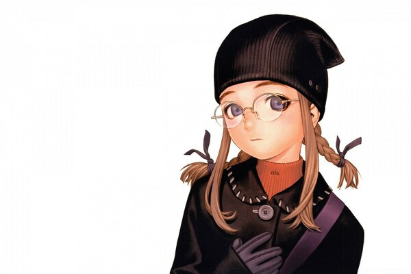गोल चश्मा और काली टोपी में स्टाइलिश एनीमे लड़की