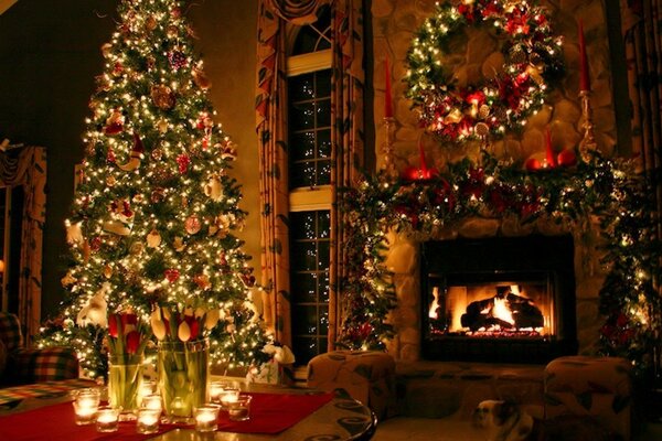 Christmas night by the fireplace in silence