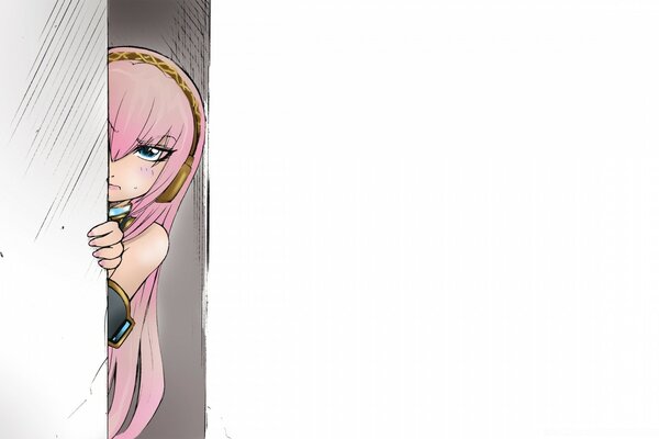Anime ilustração menina espreitando ao virar da esquina em rosa