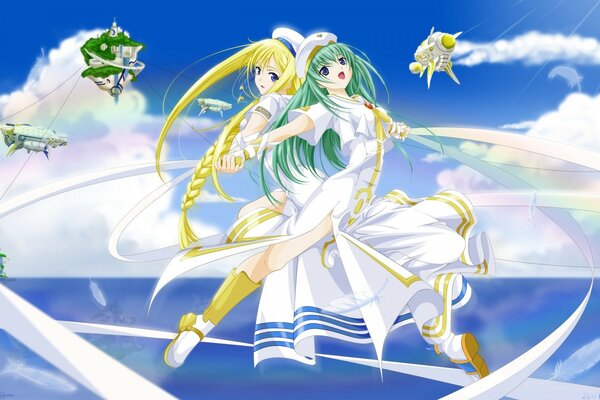 Two anime heroines in white dresses floating in the air above the surface of the sea