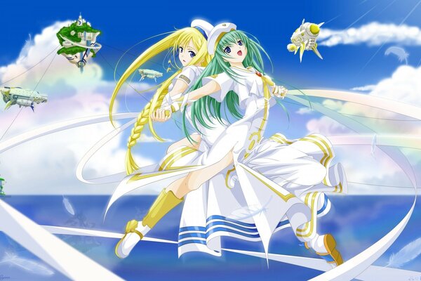 Dos heroínas de anime con vestidos blancos flotando en el aire sobre la superficie del mar